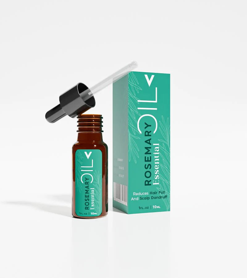 Rosemary essential oil bottle with dropper and box, promotes hair growth and scalp care